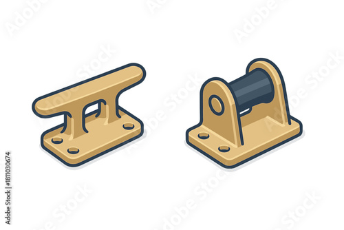Isometric marine hardware set featuring a mooring cleat and boat roller mechanism