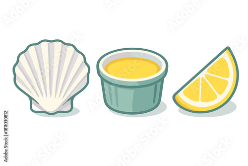 Scallop shell, melted butter sauce, and fresh lemon wedge for seafood meal