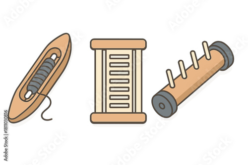 Set of three essential wooden weaving tools: shuttle, bobbin, and spool icons