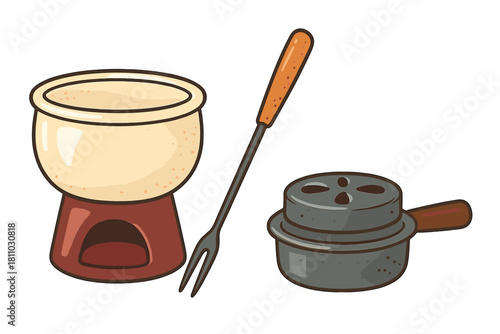 Traditional fondue set with ceramic pot, long fork, and small portable charcoal grill