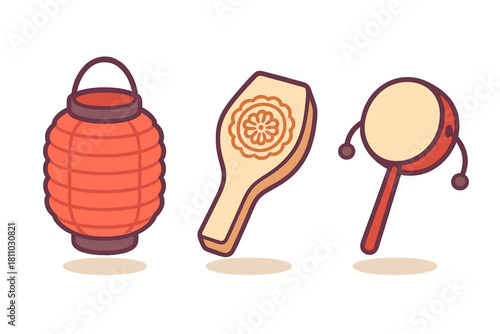 Traditional Asian festival items including lantern, mooncake mold, and drum