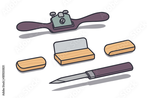 Woodworking hand tools set including a spokeshave, sharpening stones, and a marking knife