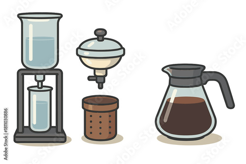 Complete set of cold brew coffee preparation tools and finished drink in a glass carafe