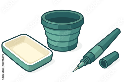 Collapsible water cup, rectangular palette, and fine liner pen for painting and drawing supplies