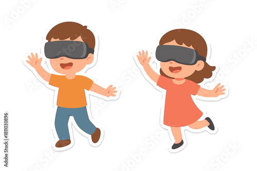 Young boy and girl having fun exploring virtual reality using modern VR headsets