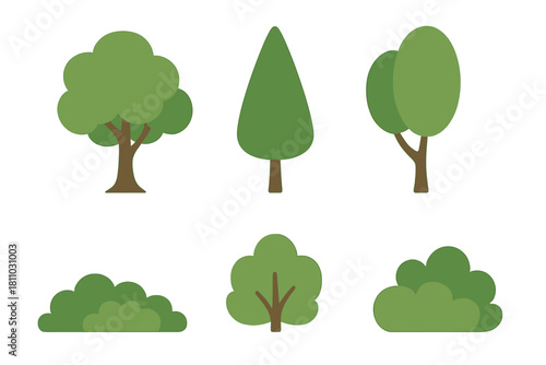 Collection of stylized green trees and bushes in various shapes for nature and environment design