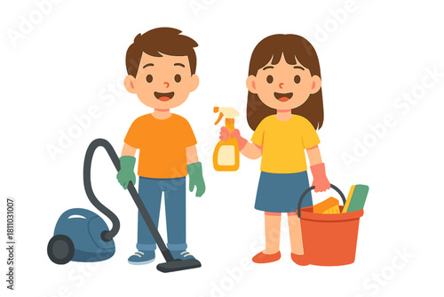 Happy children doing household chores together, boy vacuuming and girl holding cleaning supplies