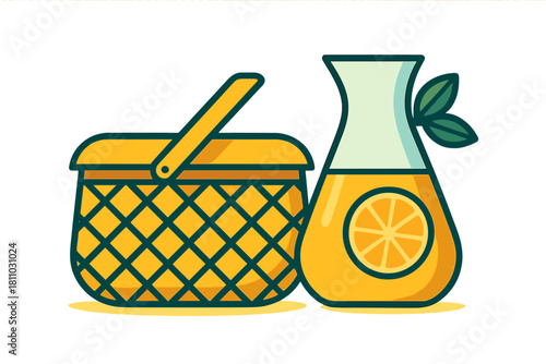 Classic yellow picnic basket and pitcher of fresh lemonade for summer outdoor activities