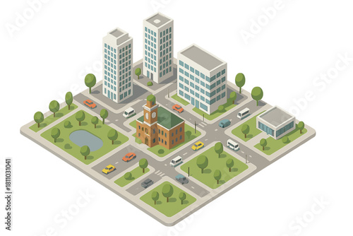 Isometric city block with modern buildings and historic structure
