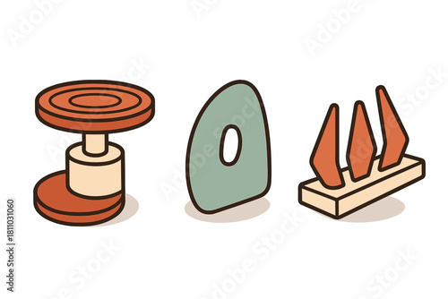Isometric pottery tools and abstract shapes in muted retro color palette