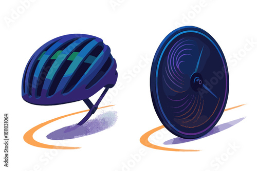 Aerodynamic bicycle helmet and high-performance racing wheel in vibrant neon colors