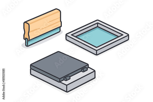 Isometric set of screen printing equipment including squeegee and frame