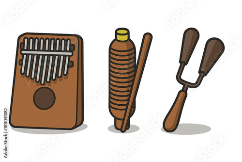 African musical instruments set featuring kalimba shaker and percussion