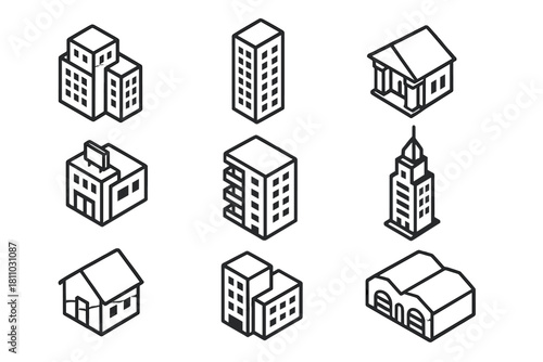 Set of isometric line icons depicting urban and residential architecture and property