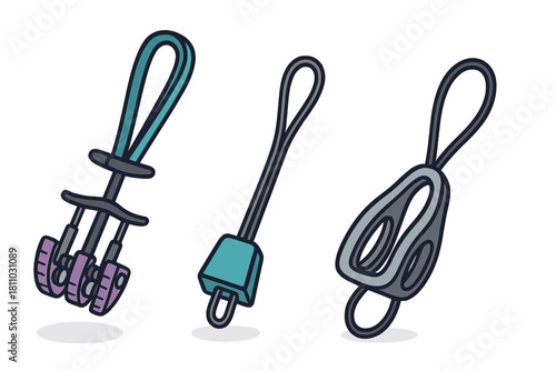 Set of three climbing protection devices including camming units and stopper