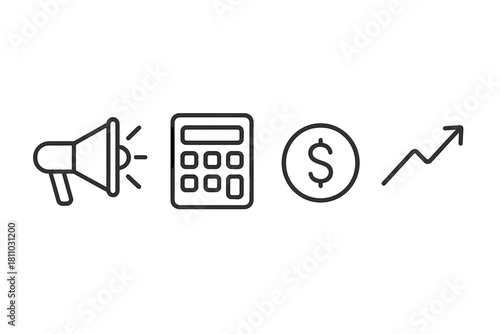 Set of outline icons for marketing, financial planning, money, and business growth concepts