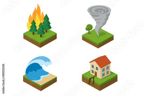 Isometric icons depicting natural disaster events and hazards