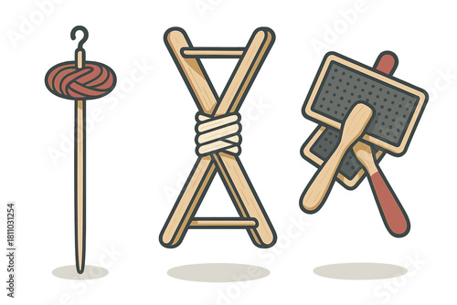 Traditional tools for spinning yarn and preparing raw wool fibers