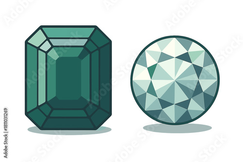 Emerald cut teal gemstone and brilliant cut diamond shape jewel side by side