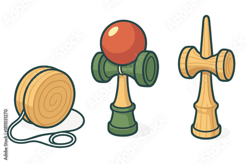 Collection of traditional wooden skill toys including kendama and yo-yo games