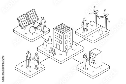 Isometric concept of sustainable city elements connected to central structure