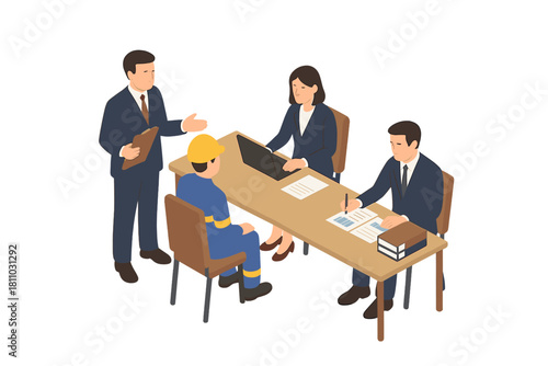 Isometric business meeting with construction worker signing documents