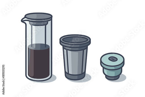 Disassembled coffee maker parts in isometric view with brewed drink