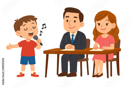 Young boy singing into microphone before panel of judges