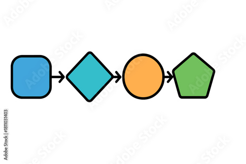 Colorful geometric shapes and arrows showing a sequential process flow