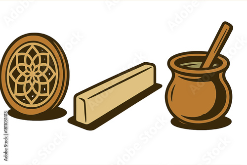 Traditional cooking ingredients and tools including butter stick, patterned object, and clay pot