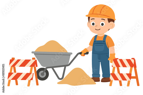 Smiling construction worker pushing a wheelbarrow loaded with sand next to safety barriers
