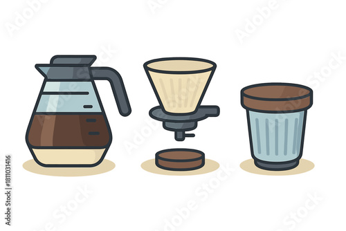 Set of coffee brewing tools including carafe, pour over dripper, and reusable cup