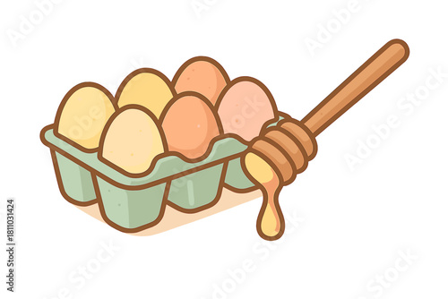 Assortment of fresh eggs in a green carton with a wooden dipper dripping sweet honey