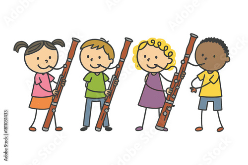 Diverse group of smiling children playing large woodwind instruments in music class