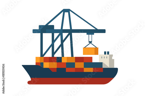 Cargo ship loading and unloading with port crane and shipping containers