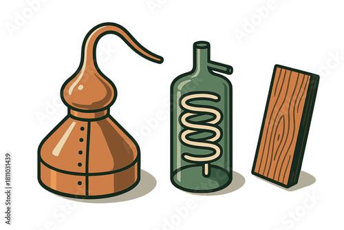 Copper pot still, glass condenser, and wooden stave for spirit distillation process