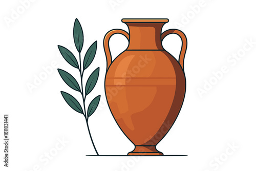 Ancient terracotta amphora vase and stylized green olive branch on white background