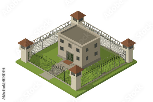 Isometric view of secure detention facility with guard towers and razor wire