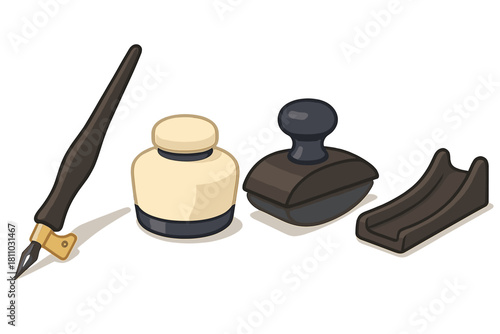 Classic antique writing tools set with dip pen, inkwell, ink blotter, and pen rest