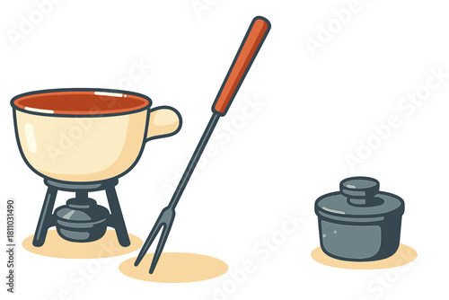 Traditional fondue cooking set with ceramic pot, burner stand, and specialized dipping fork