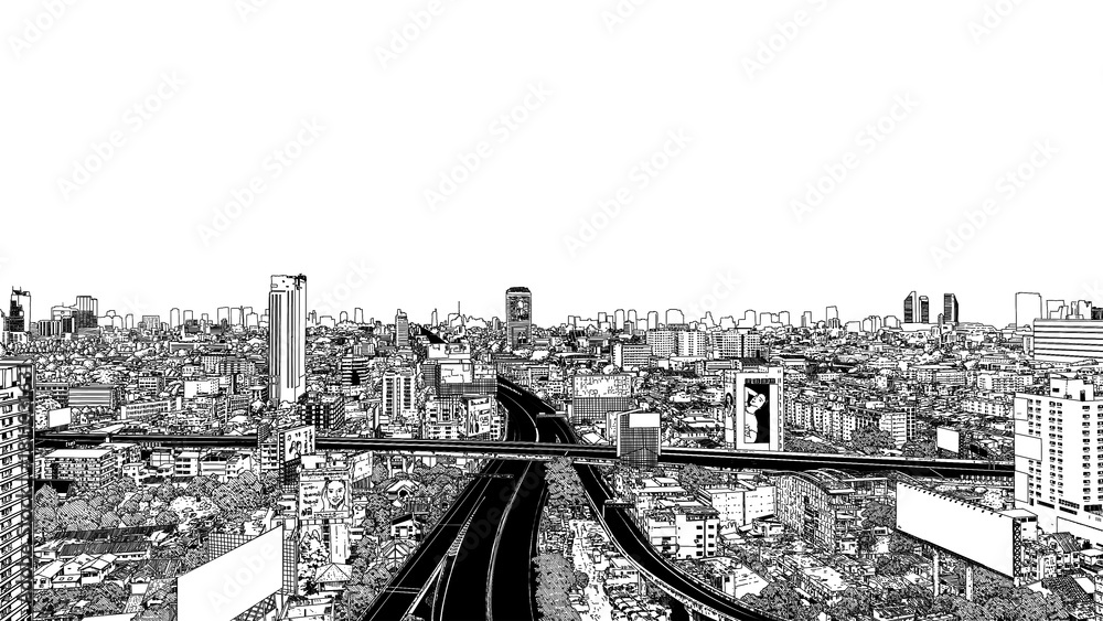 Naklejka premium Ink drawing of Bangkok city skyline