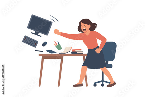 Angry employee throwing computer equipment off desk in frustration