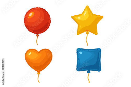Four shiny foil balloons in round, star, heart, and square shapes