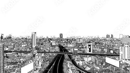 Ink drawing of Bangkok city skyline