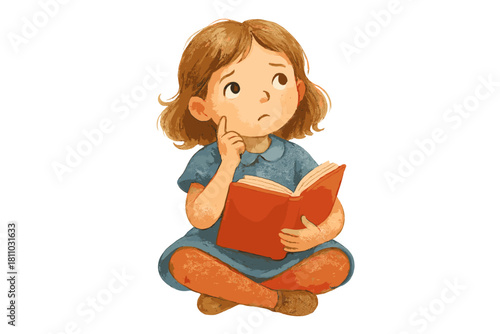 Adorable child sitting cross-legged holding red book with pensive thoughtful expression