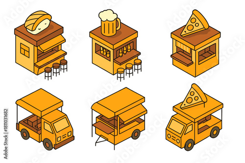 Isometric collection of cute food stalls and mobile food trucks