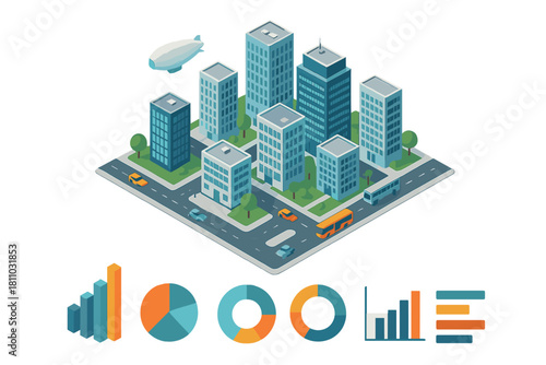 Isometric city scene with transportation and data visualization elements