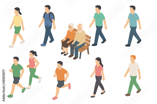 Isometric diverse group of people walking running and sitting outdoors