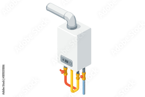 Isometric wall mounted gas water heater with plumbing connections