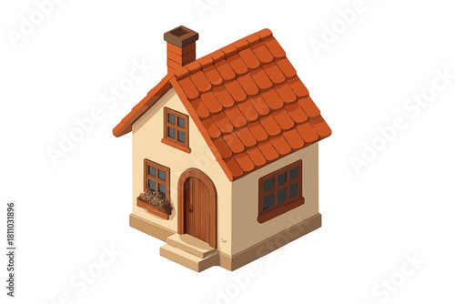 Isometric view of charming cottage with terracotta roof and chimney